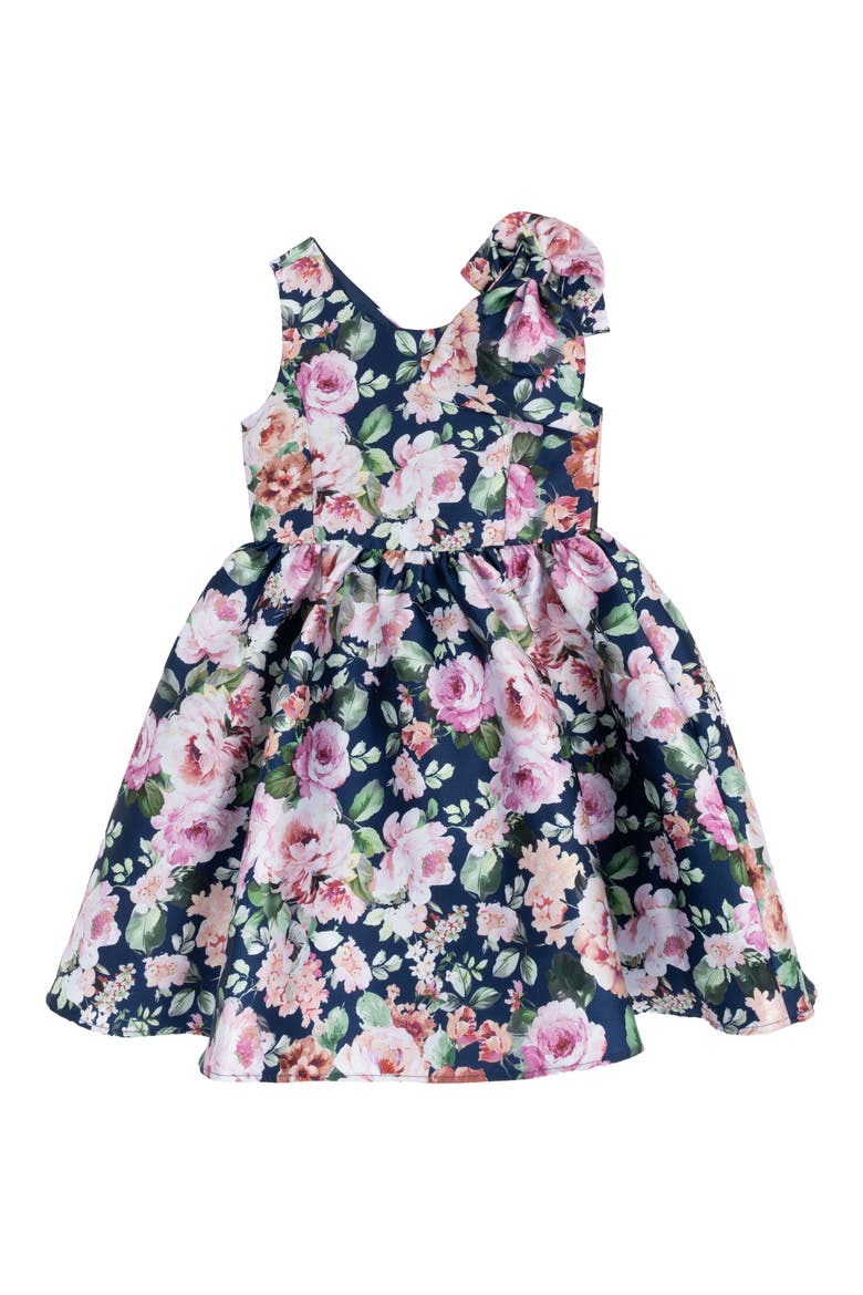 Kids' Floral Print Mikado Bow Dress, Main, color, NAVY