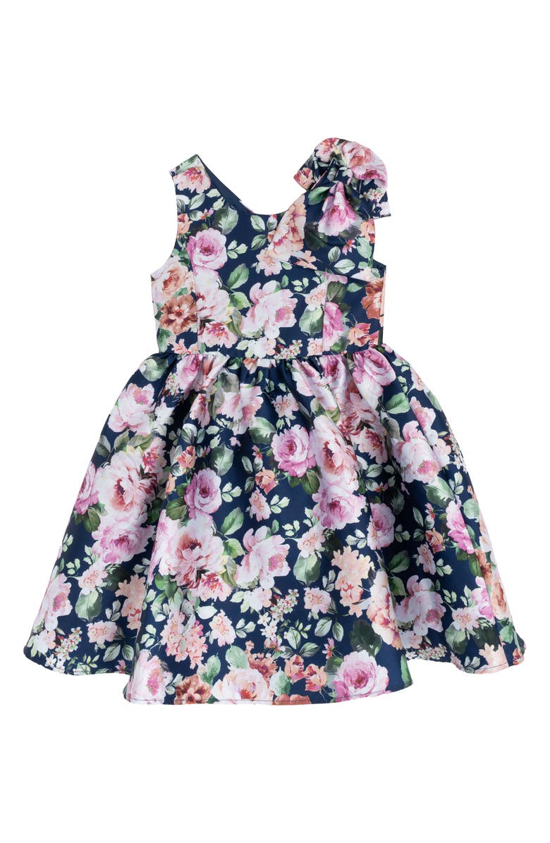 Rare Editions Kids' Floral Print Mikado Bow Dress, Main, color, Navy
