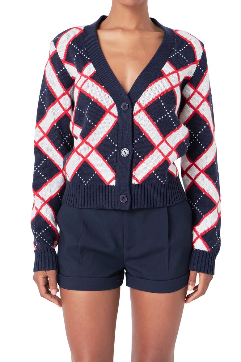 Diamond Pattern V-Neck Cardigan, Alternate, color, NAVY MULTI