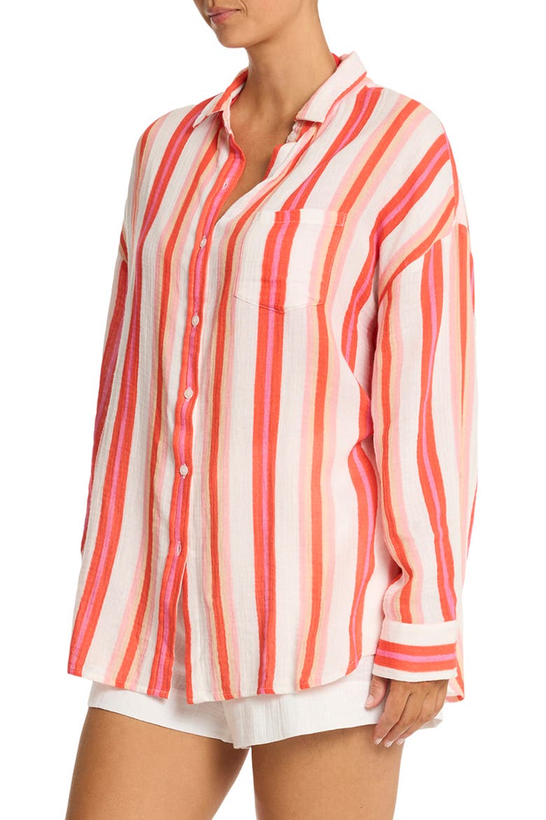 West Coast Beach Stripe Cover-Up Shirt, Alternate, color, CORAL