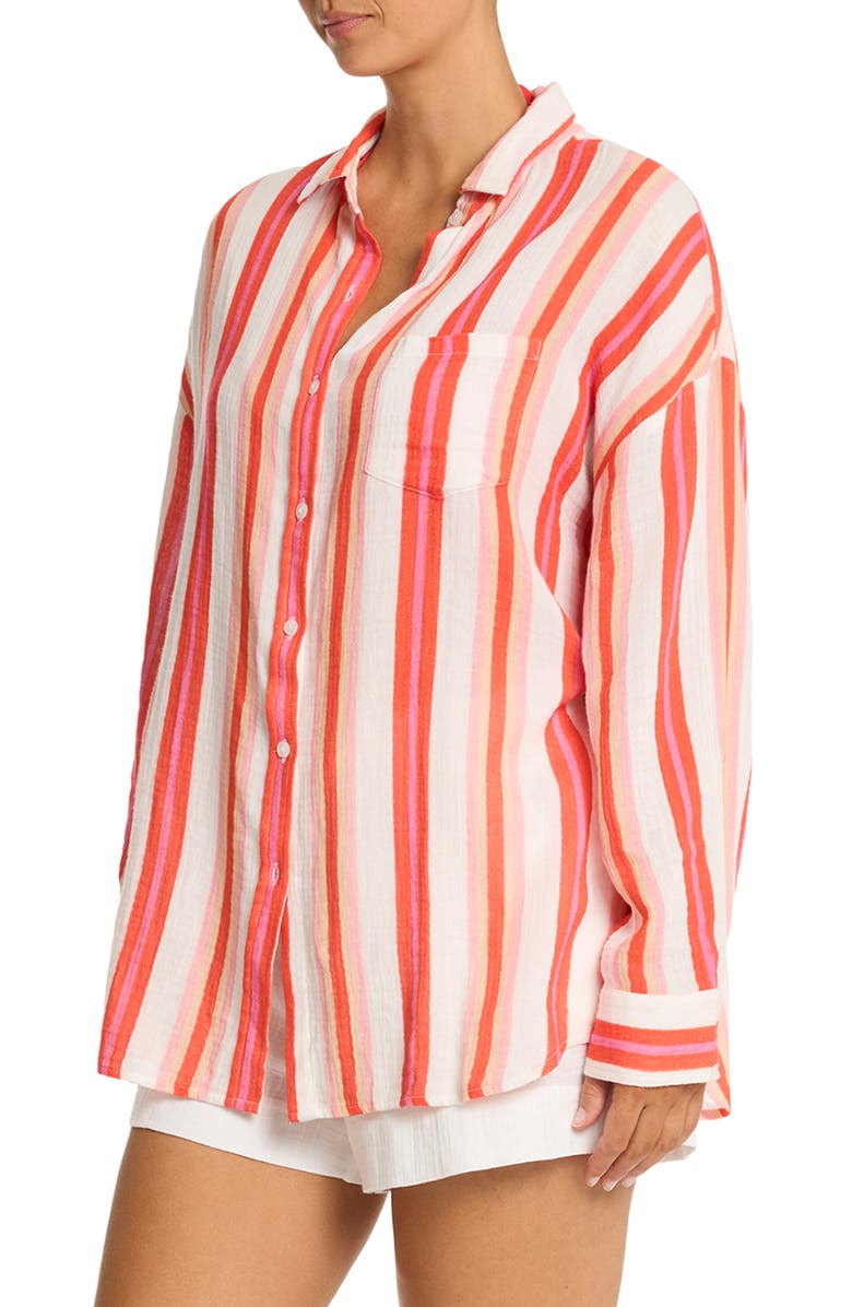 Sea Level West Coast Beach Stripe Cover-Up Shirt, Alternate, color, Coral