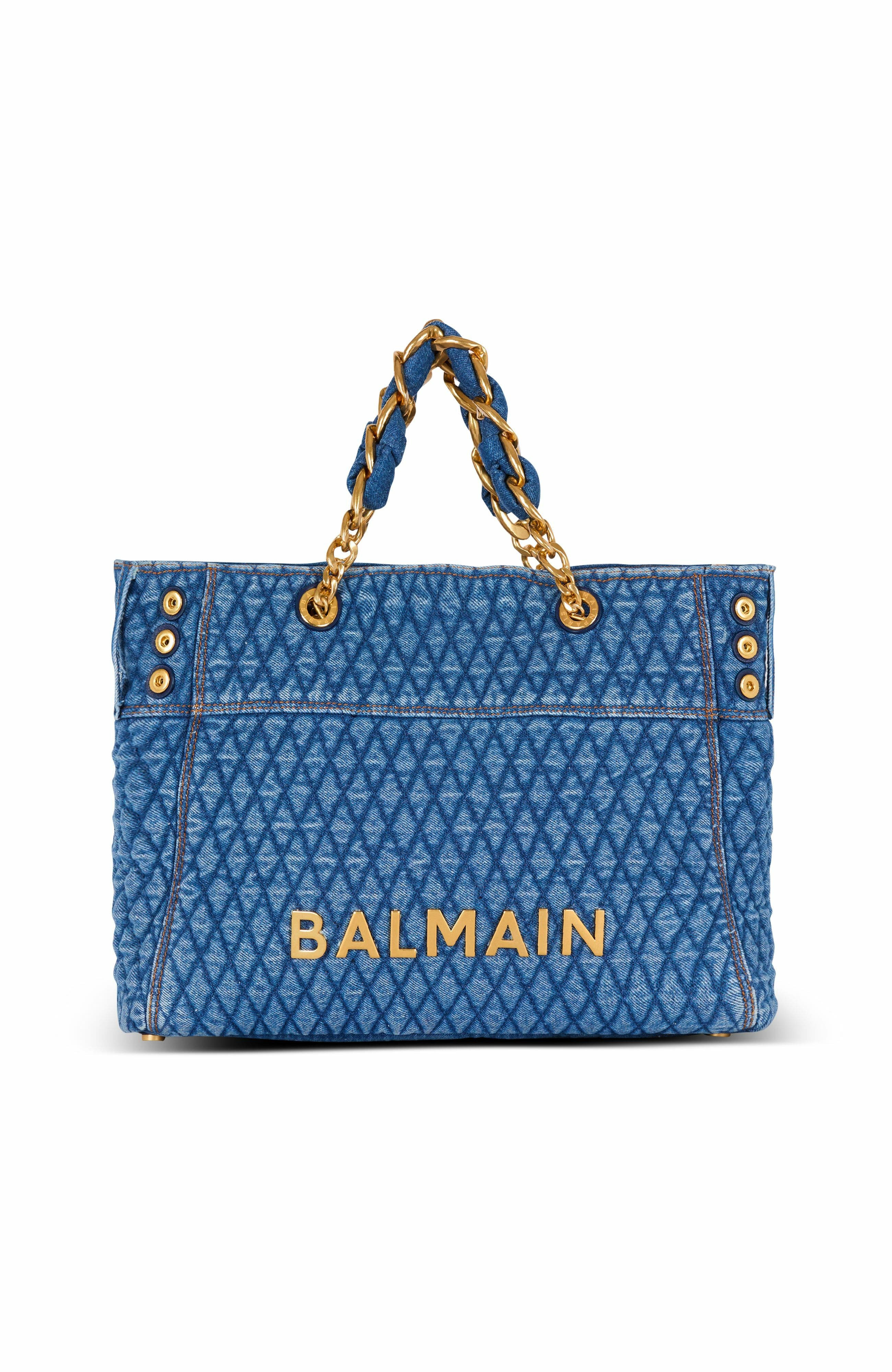 Balmain 1945 Soft Tote Bag In Diamond-Quilted Denim, Main, color, 