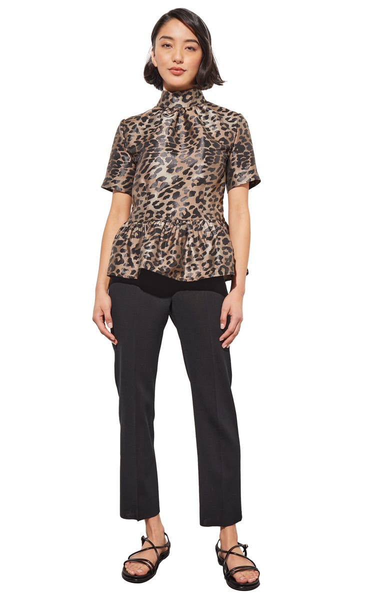 Ming Wang Leopard Print Peplum Top, Alternate, color, Java/Lmst/Bk