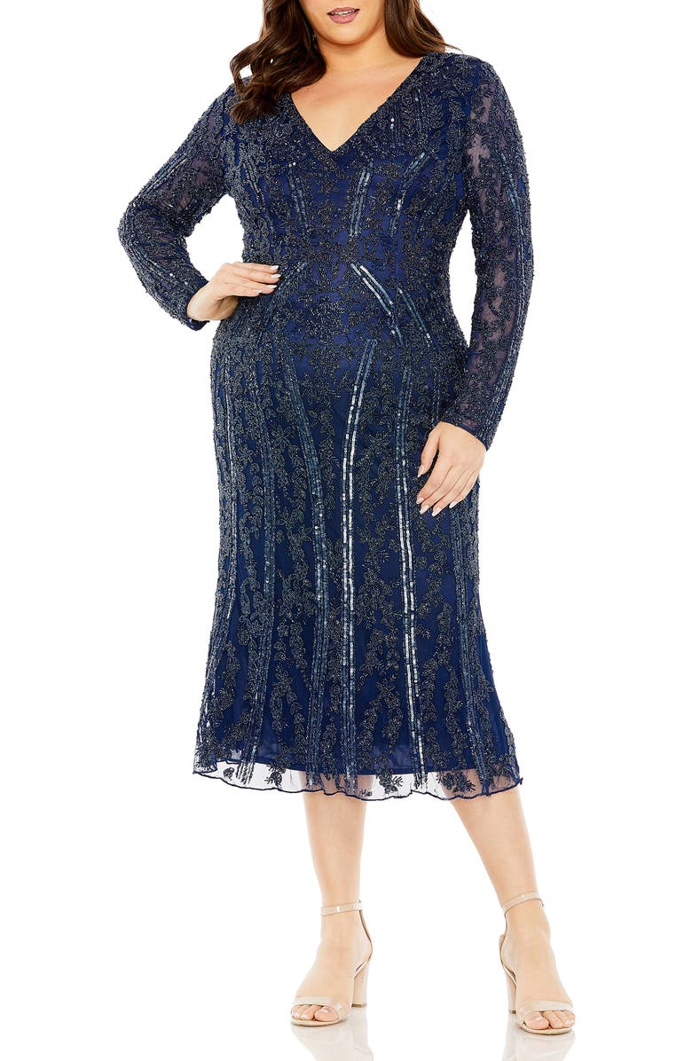 Mac Duggal V-Neck Sheer Embellished Mesh Gown, Main, color, Midnight