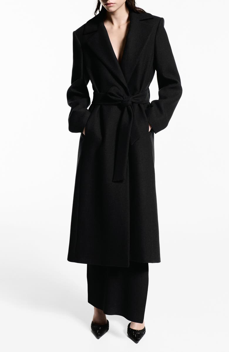 MANGO Dolce Wool Blend Wrap Coat with Removable Faux Fur Collar, Main, color,