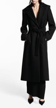 MANGO Dolce Wool Blend Wrap Coat with Removable Faux Fur Collar