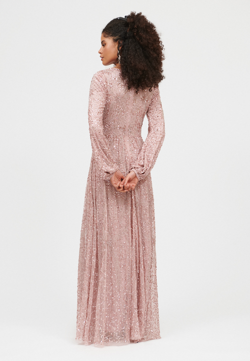 Shop Maryisa Occasion Modest Embellished Sequin Beaded Floral Evening Dress In Frosted Pink