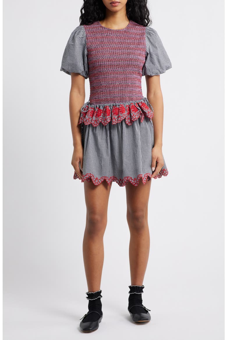 Audrey Mixed Media Organic Cotton Gingham Dress, Main, color, BLACK