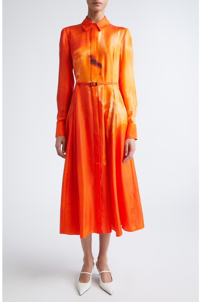 Watercolor Floral Print Pleated Long Sleeve Silk Twill Shirtdress, Main, color, PAPAYA CHALK MULTI