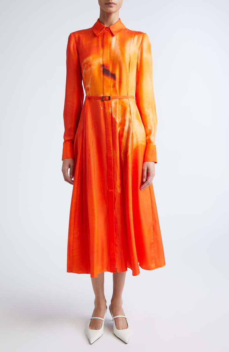 Jason Wu Collection Watercolor Floral Print Pleated Long Sleeve Silk Twill Shirtdress, Main, color, Papaya Chalk Multi