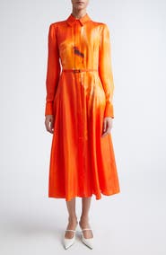 Jason Wu Collection Watercolor Floral Print Pleated Long Sleeve Silk Twill Shirtdress
