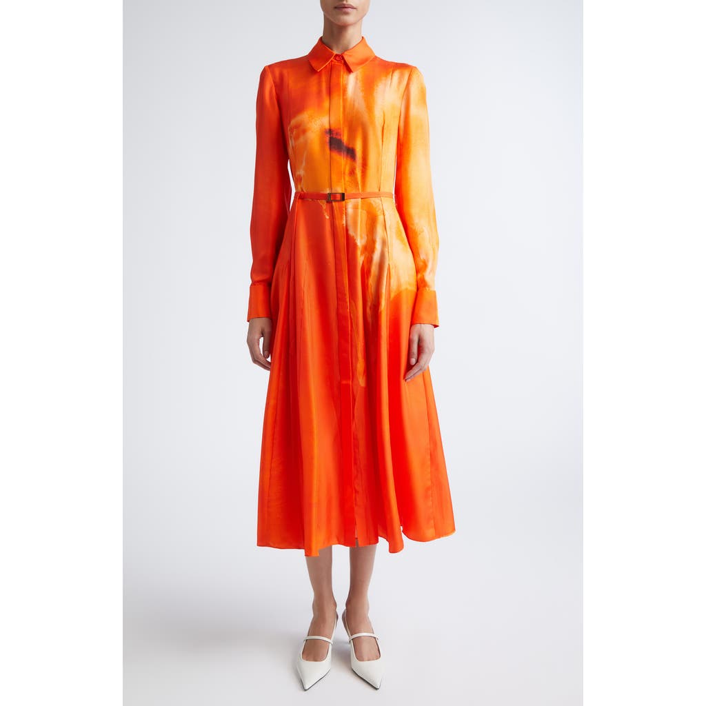 Jason Wu Collection Watercolor Floral Print Pleated Long Sleeve Silk Twill Shirtdress In Orange