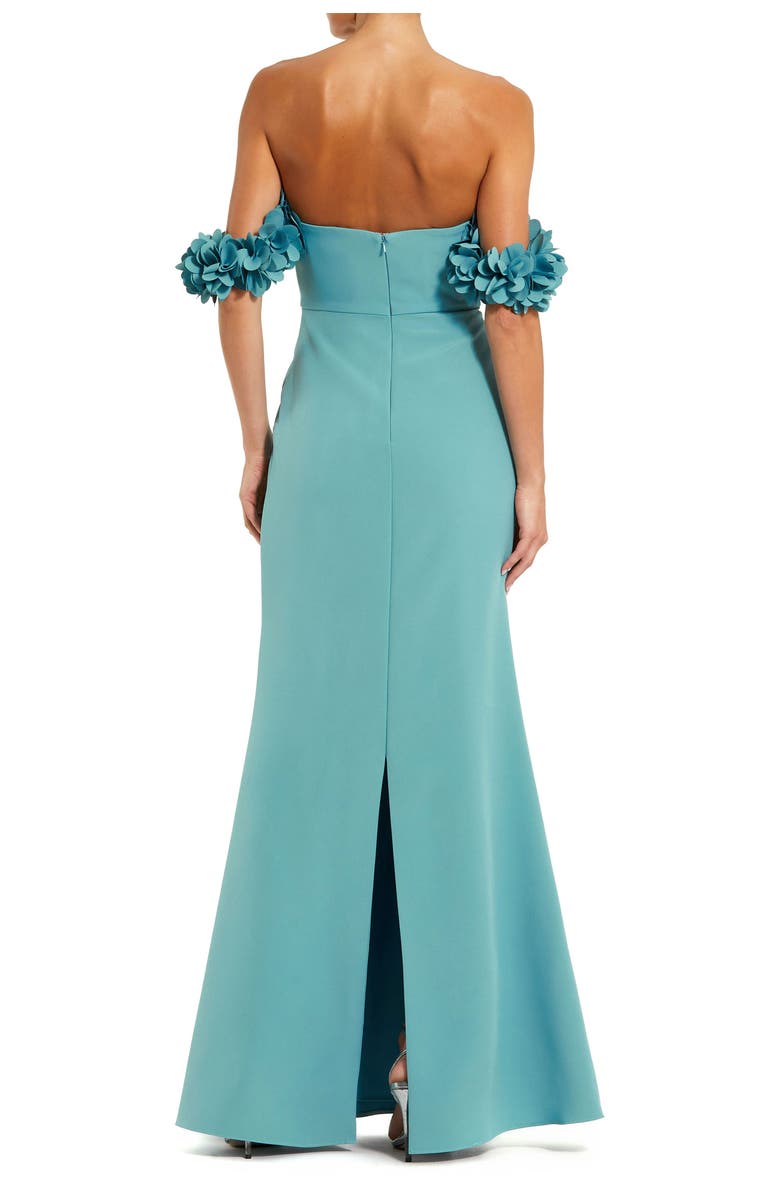 Mac Duggal Crepe Off The Shoulder Gown With 3D Flowers, Alternate, color, Teal