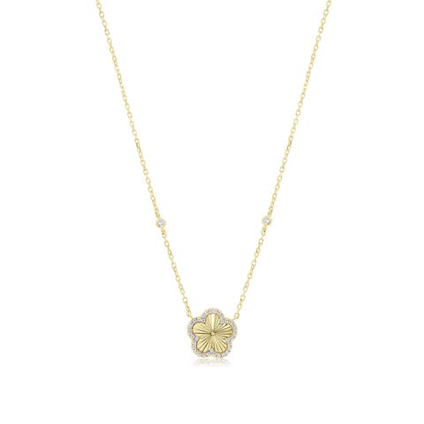 CZ Halo Fluted Single Flower Necklace