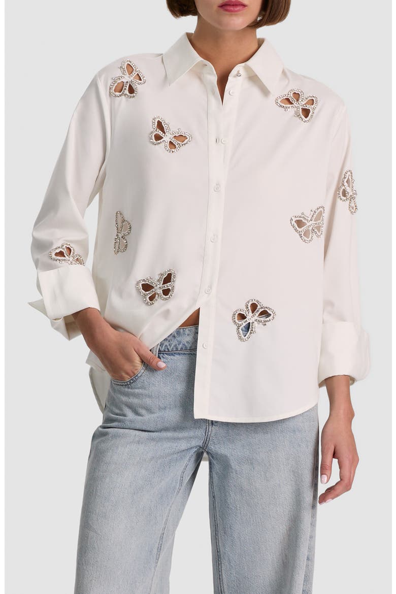 Rhinestone Butterfly Cutout Detail Button-Up Shirt, Main, color, OFF WHITE/ SILVER CRYSTAL