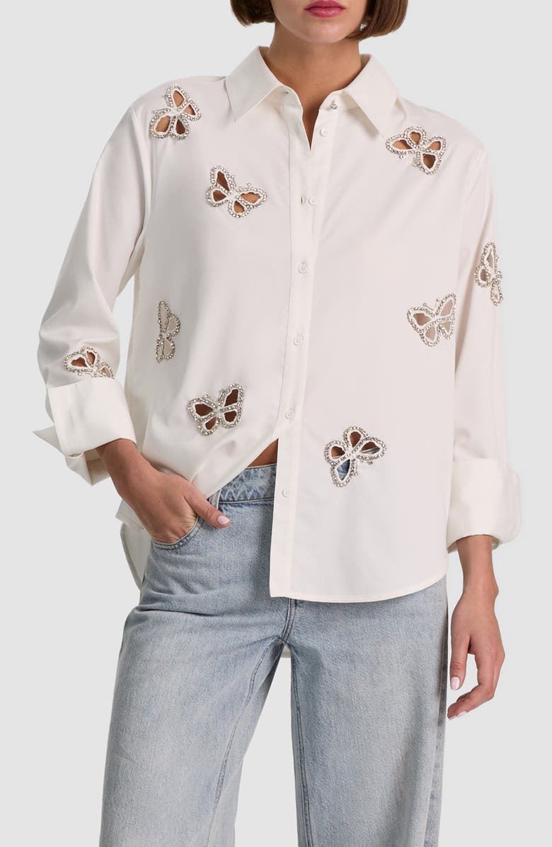 Alice + Olivia Rhinestone Butterfly Cutout Detail Button-Up Shirt, Main, color, Off White/ Silver Crystal
