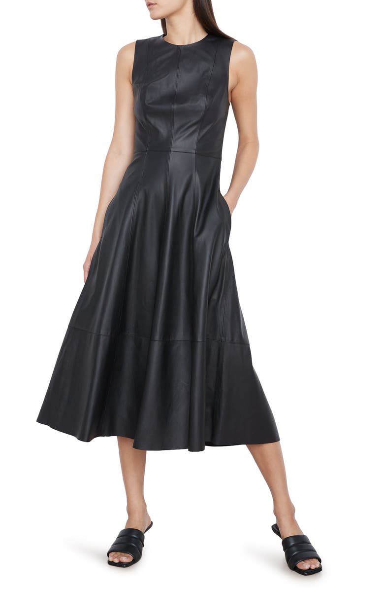Vince Sleeveless Leather A-Line Midi Dress, Main, color, 