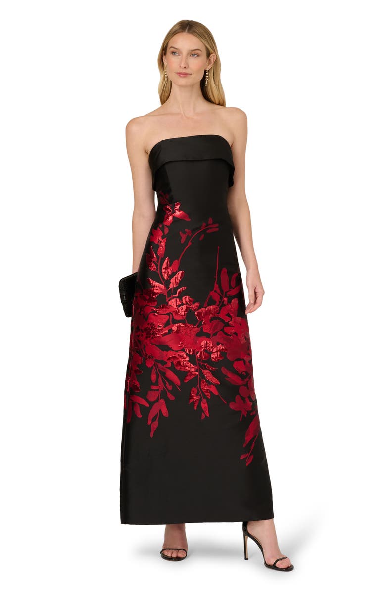 Aidan Mattox Metallic Floral Jacquard Strapless Gown, Alternate, color, Black/ Red