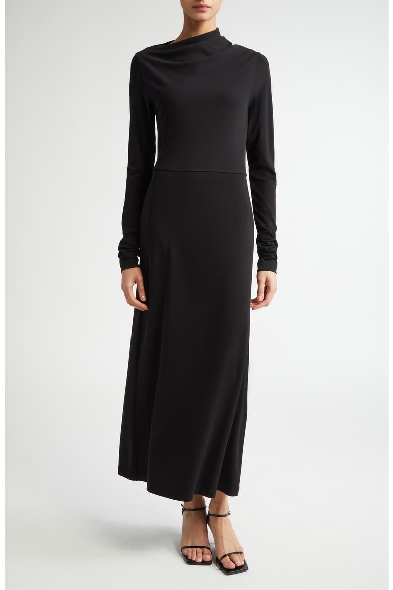 Draped Long Sleeve Jersey Dress, Main, color, BLACK