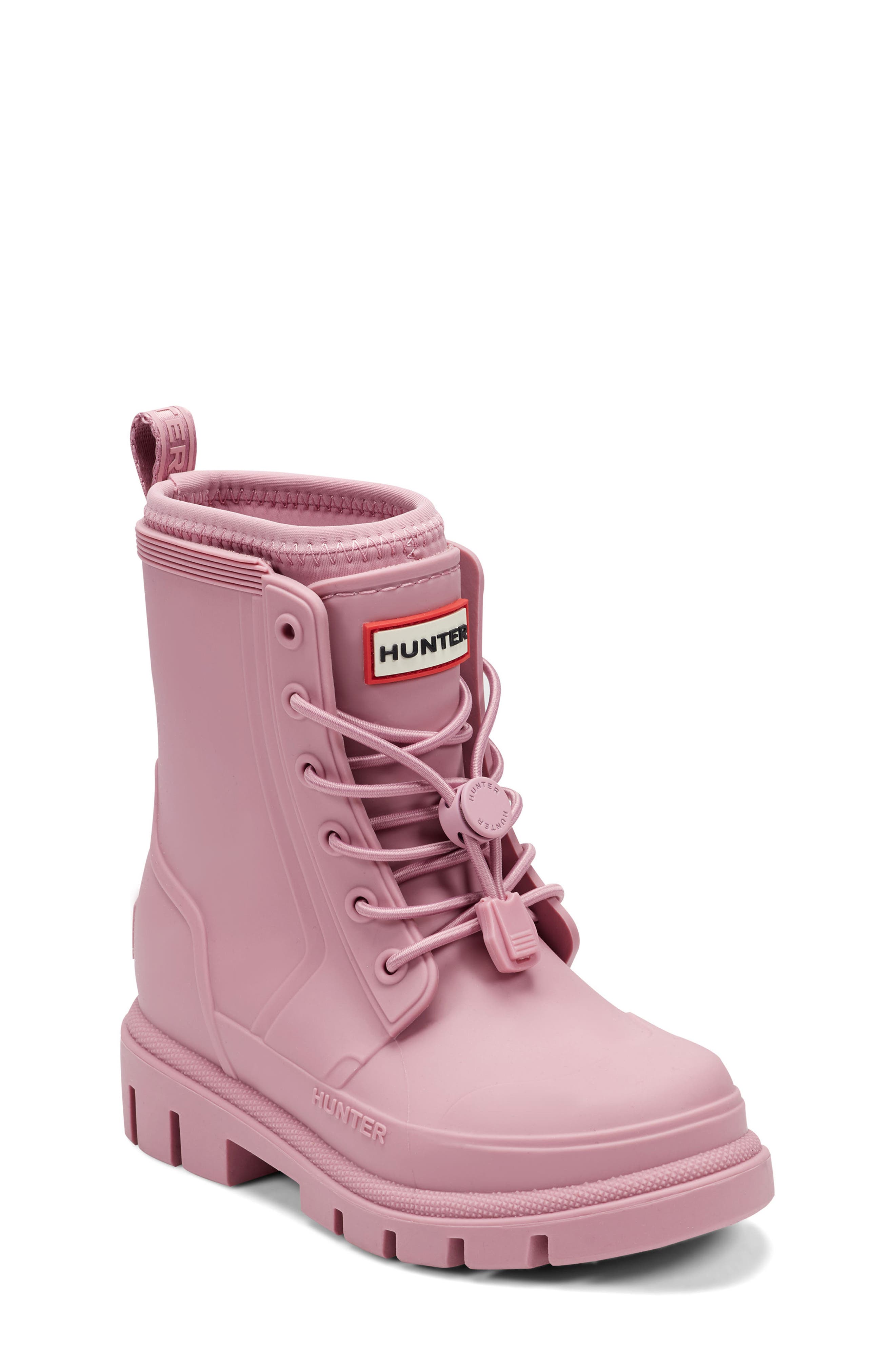 Kids' Stamp Waterproof Lace-Up Rain Boot, Main, color, DARK PINK