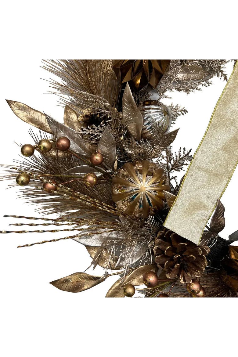 26" Gold Bow Pinecone & Ornament Pre-Lit Wreath, Alternate, color, Gold