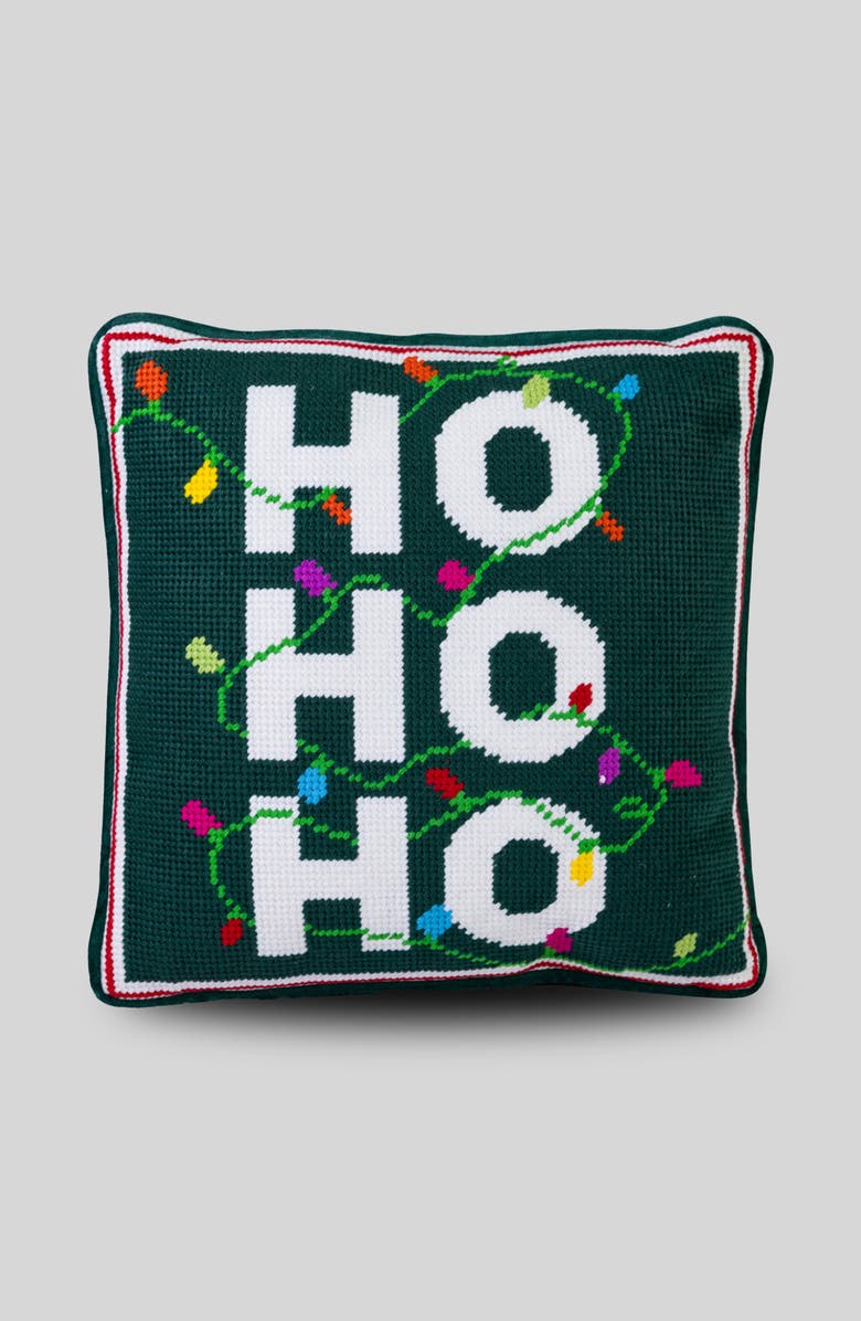 Furbish Ho Ho Ho Needlepoint Pillow, Main, color, Green