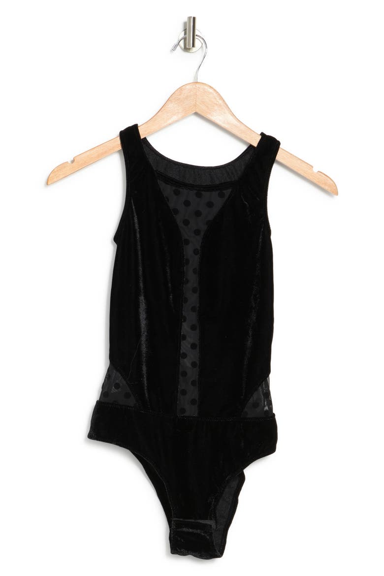 Flocked Mesh Velvet Bodysuit, Alternate, color, BLACK
