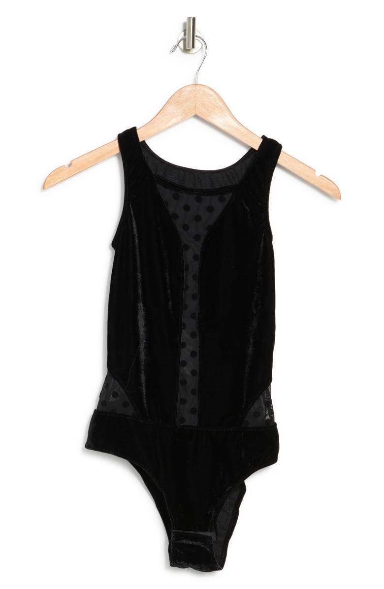JUST ONE Flocked Mesh Velvet Bodysuit, Alternate, color, 
