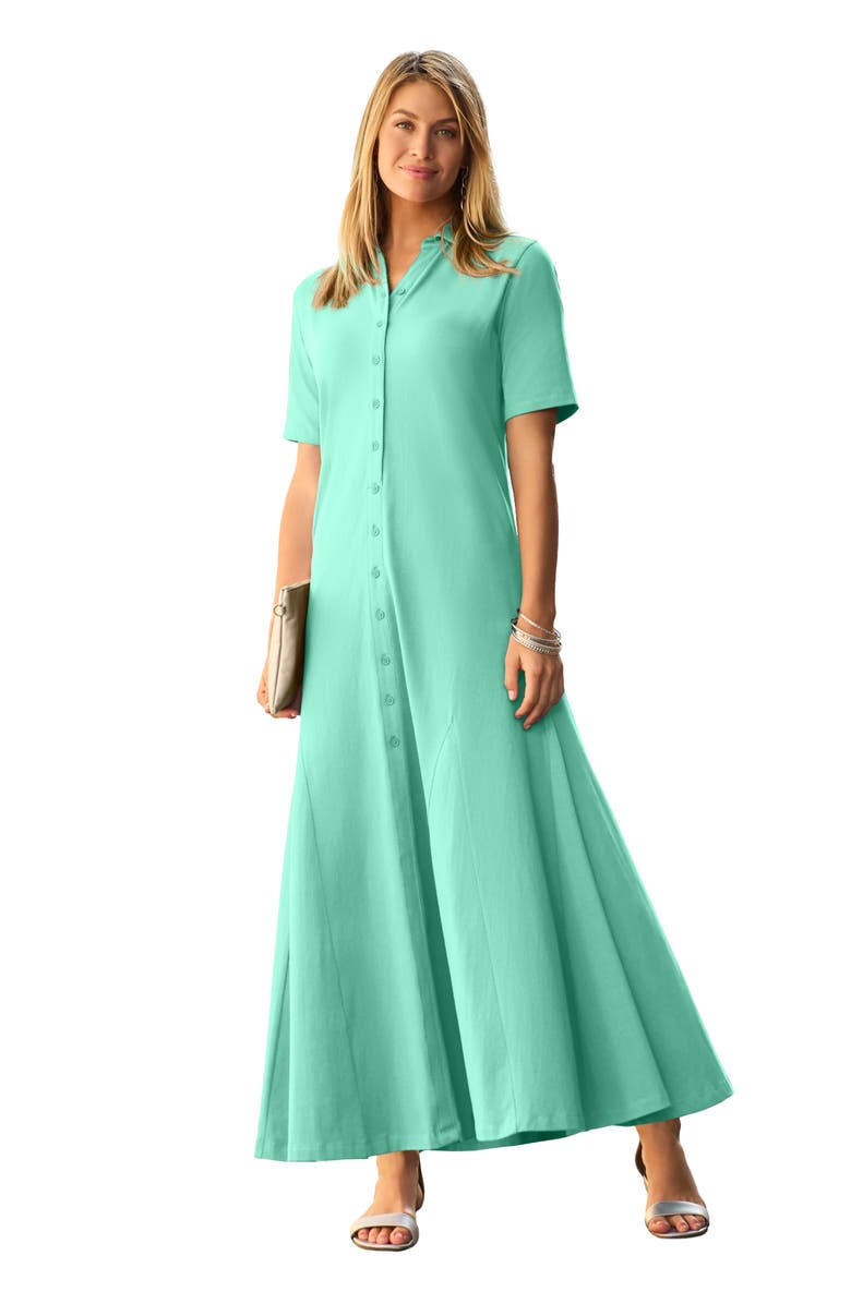 Jessica London Stretch Cotton Button Front Maxi Dress, Main, color, Pale Seafoam