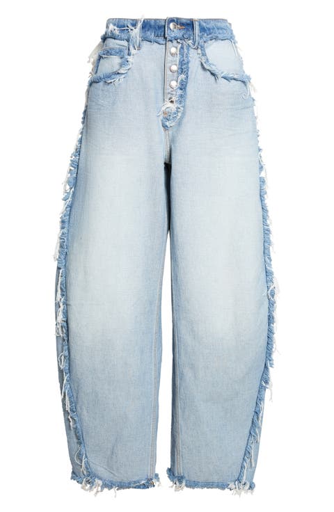 Inverted Blow Up Frayed Barrel Leg Jeans
