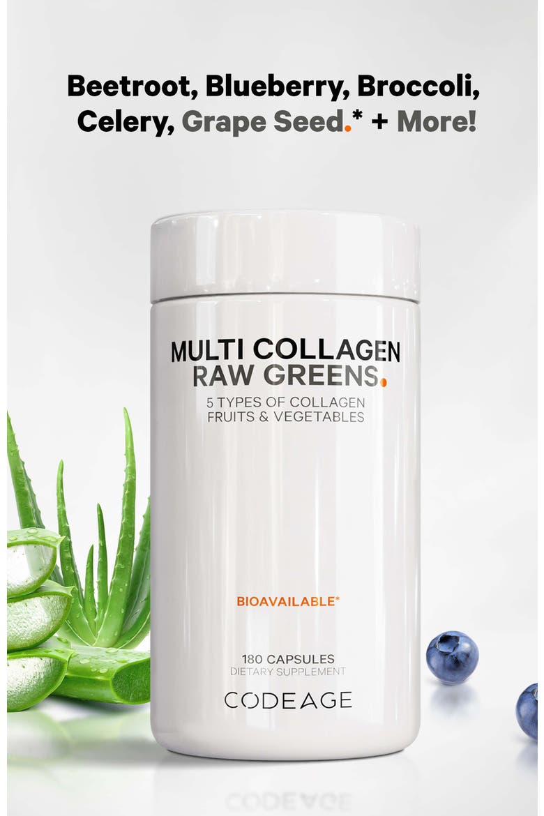 Multi Collagen Protein + Raw Greens Capsules Supplement, Alternate, color, White