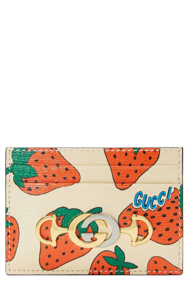 Gucci Zumi 463 Strawberry Print Leather Card Case, Main, color,