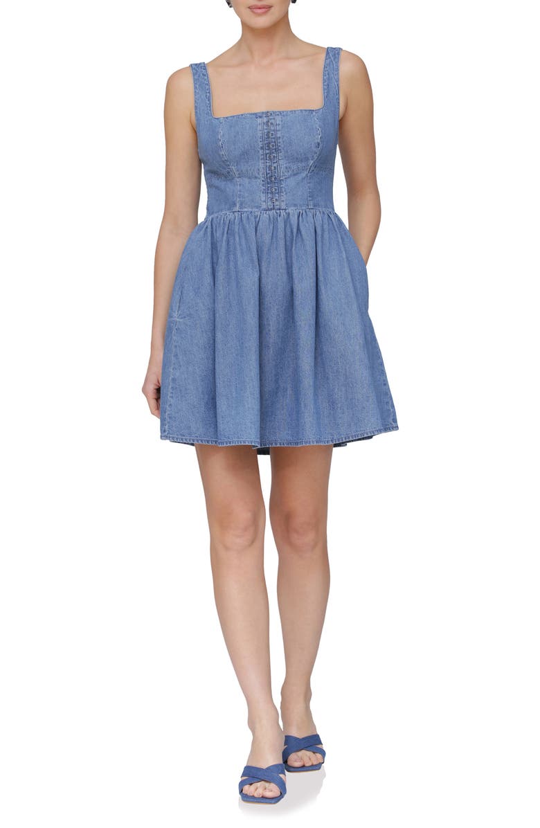 Avec Les Filles Bustier Cotton Denim Fit & Flare Minidress, Main, color, Light Wash