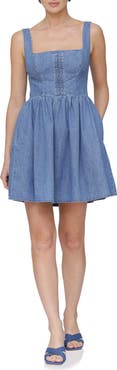 Avec Les Filles Bustier Cotton Denim Fit & Flare Minidress
