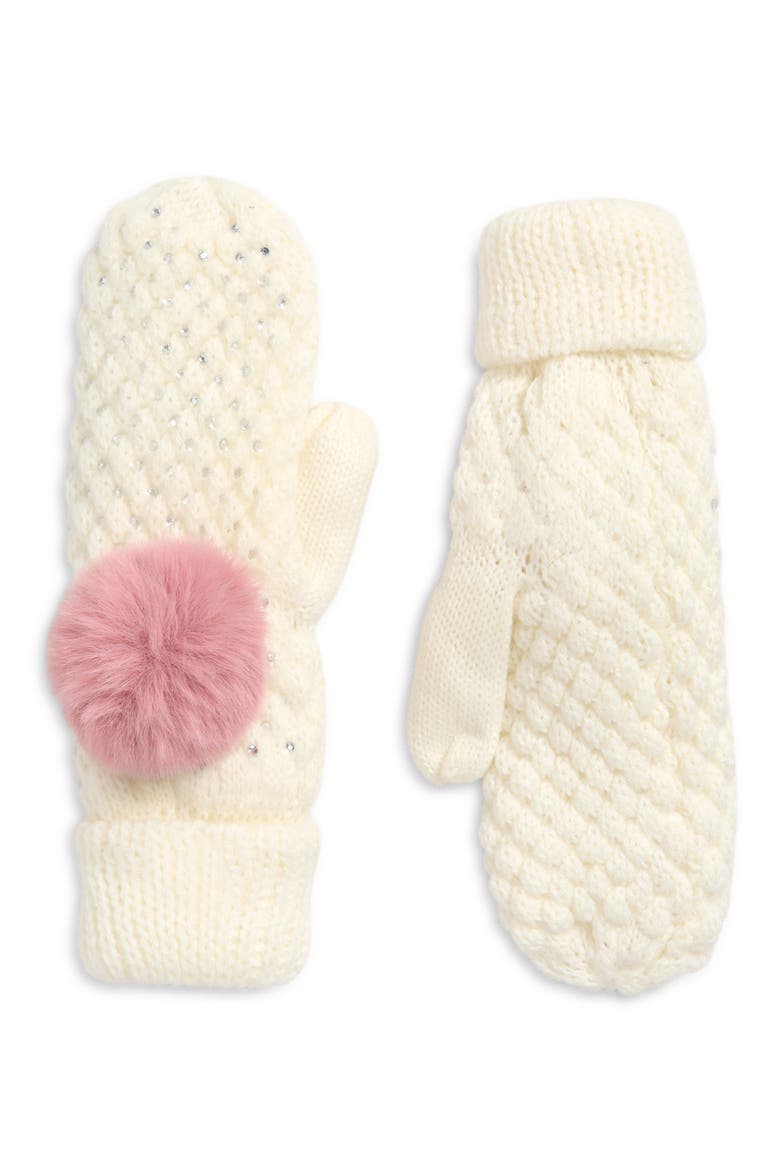 Knit Glitz Mittens, Main, color, WHITE/ DUSTY ROSE