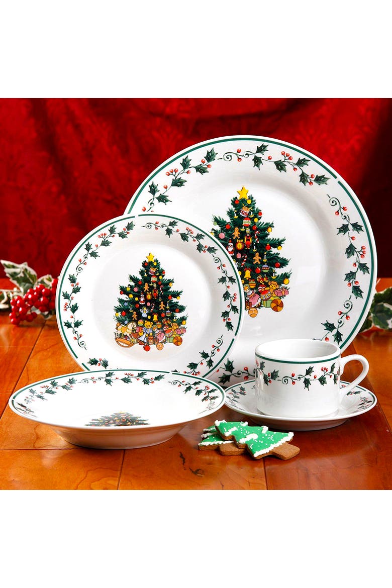 20 Piece Ceramic Christmas Tree Trimming Dinnerware Set, Alternate, color, White