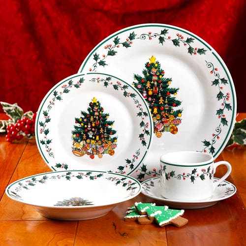 Gibson Home 20 Piece Ceramic Christmas Tree Trimming Dinnerware Set In White