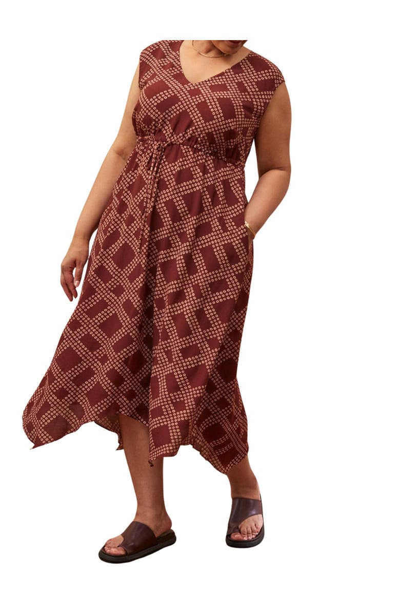 Live Unlimited Geo Print V-Neck Hanky Hem Dress, Alternate, color, Brown