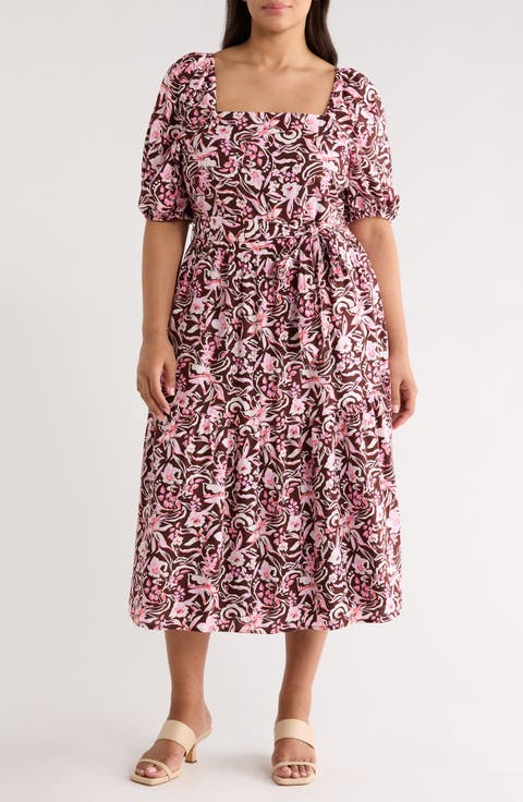 Puff Sleeve Linen Blend Midi Dress (Plus)