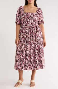 Puff Sleeve Linen Blend Midi Dress