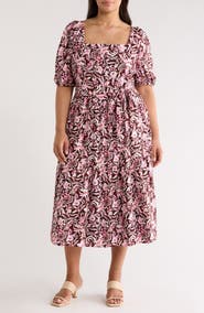 Caslon® Puff Sleeve Linen Blend Midi Dress
