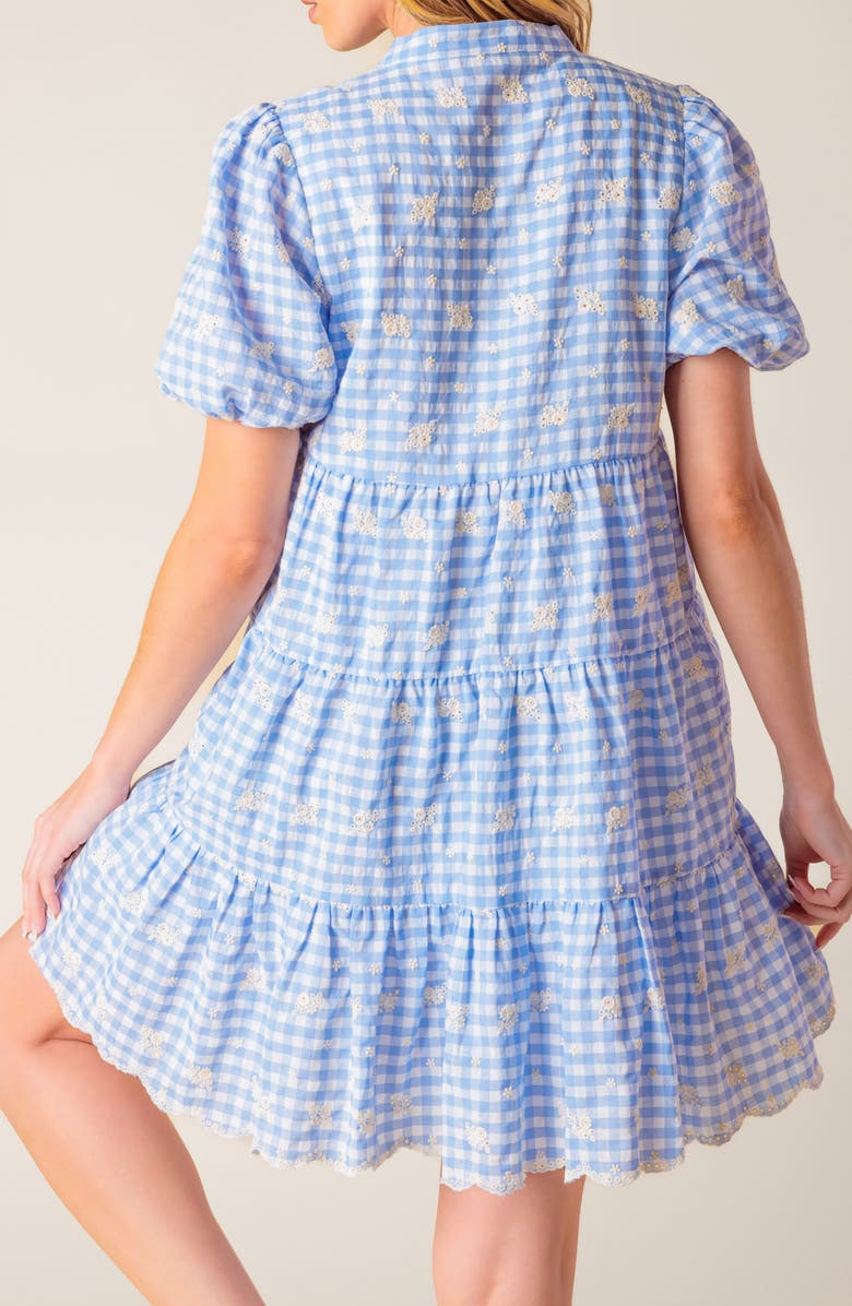 FLYING TOMATO Floral Embroidered Gingham Puff Sleeve Babydoll Dress, Alternate, color, Powder Blue