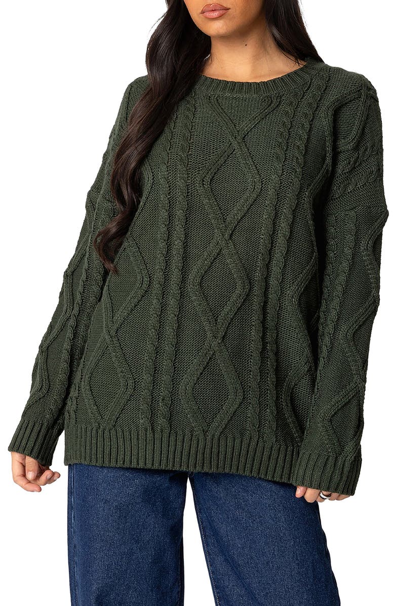 EDIKTED Kennedy Oversize Cable Stitch Sweater, Main, color, Green