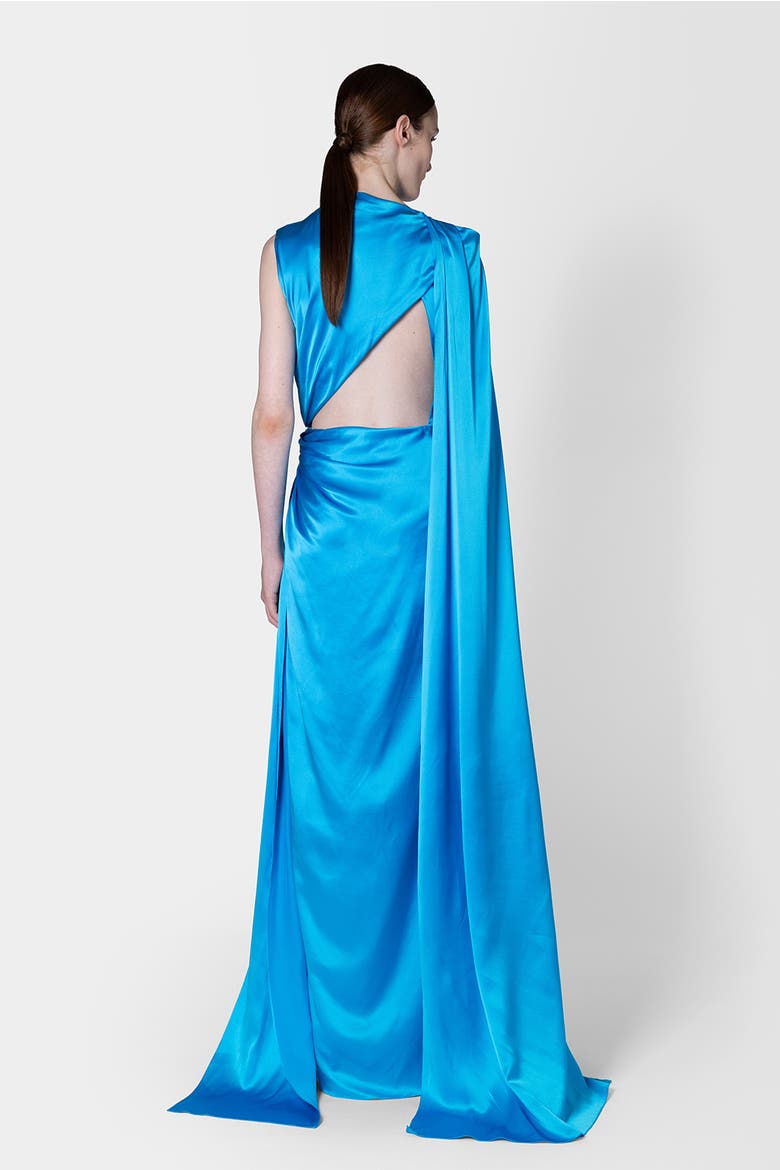 Orien Silk Floor Length Dress, Alternate, color, Agua