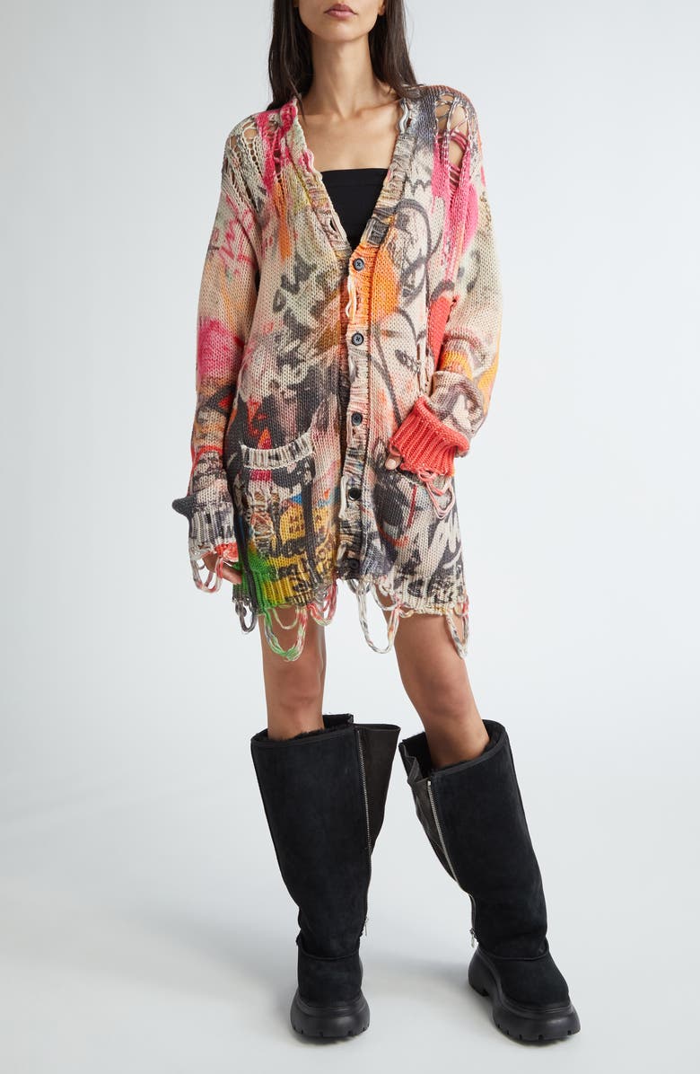 R13 Graffiti Print Distressed Cotton Cardigan, Alternate, color,