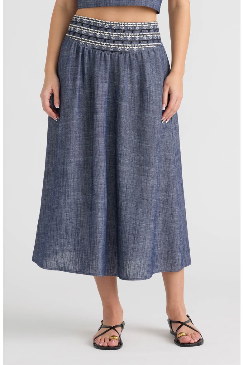 Embroidered A-Line Midi Skirt, Main, color, DENIM BLUE