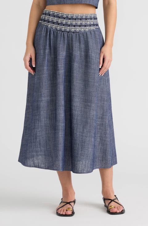 Embroidered A-Line Midi Skirt
