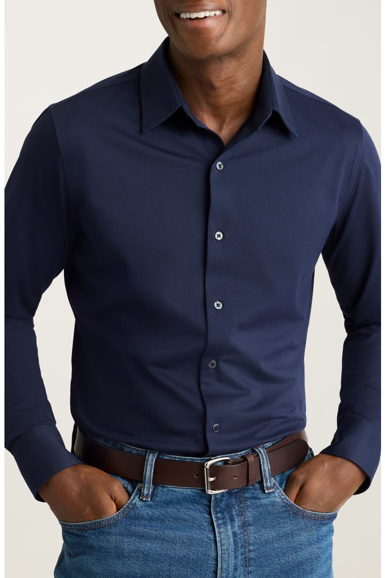 Tech Navy Performance Cotton Blend Piqué Button-Up Shirt (Men