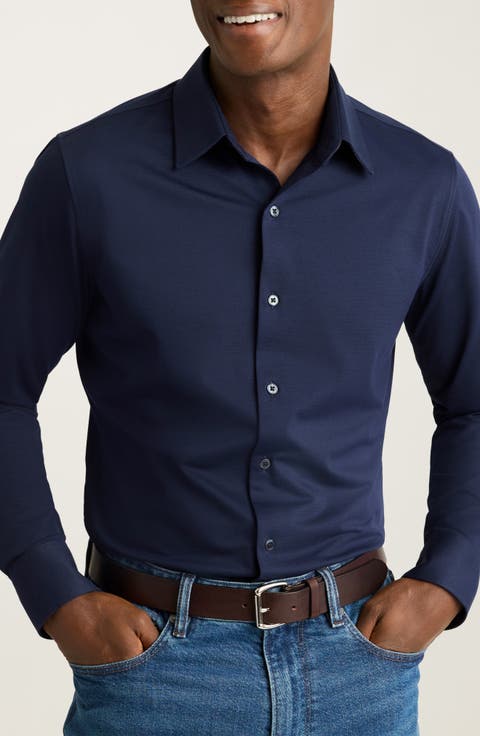 Tech Navy Performance Cotton Blend Piqué Button-Up Shirt
