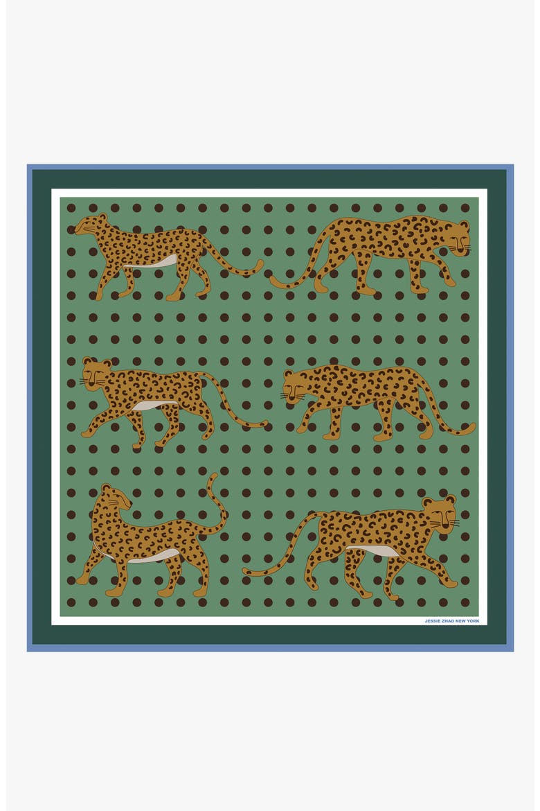 Double Sided Wool Silk Scarf Of Blue Leopards Garden, Alternate, color, Blue